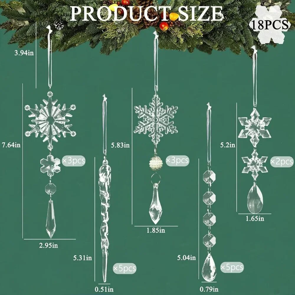 18pcs Crystal Christmas Ornaments for Tree DecorationsHanging Acrylic Snowflake
